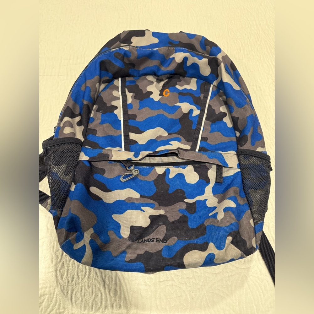 Lands End blue camo backpack C initial student child